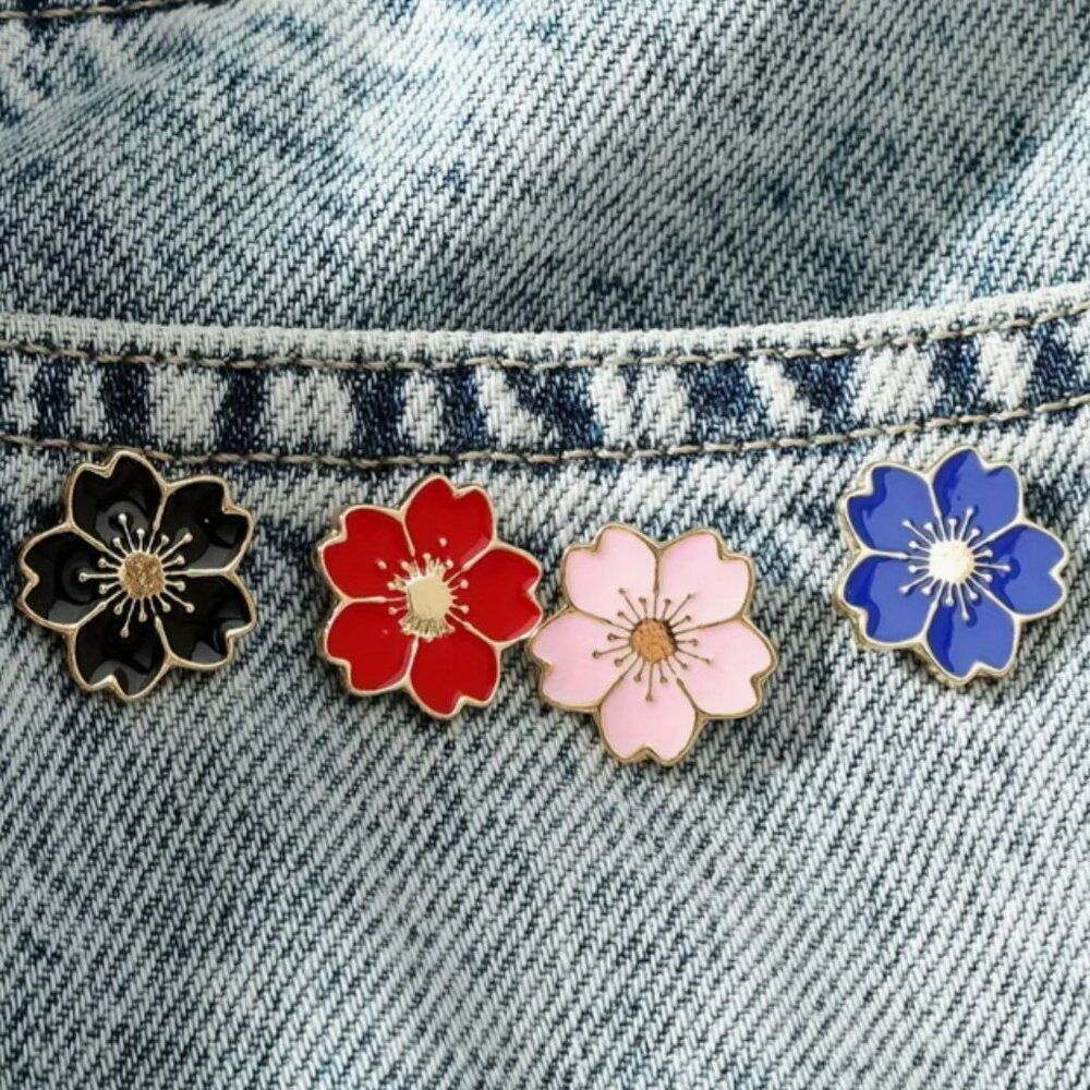 4-Piece Flower Enamel Lapel Pin Set In Black, Red, Pink, Blue NWT